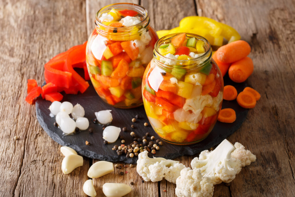Italian Giardiniera salad of pickled vegetables close-up. horizo