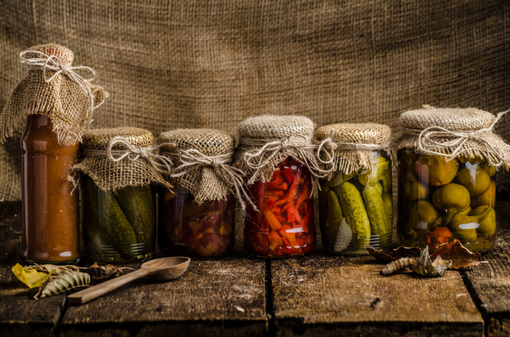 Cooked vegetables, pickles, homemade ketchup